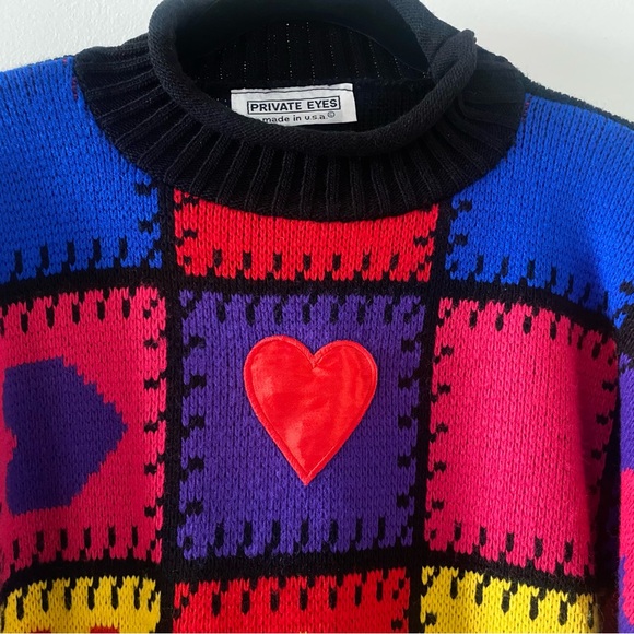 VINTAGE 80s 90s PATCHWORK HEART DESIGN SWEATER - Picture 4 of 4